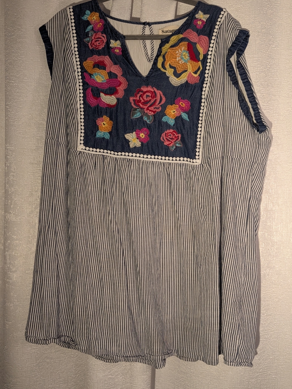 Savannah Jane Women's Navy Embroidered Floral Stripe Tunic 3XL